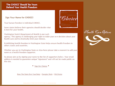 Choice - Health Freedom is another project outreach project for Energieswork. This web site was designed with emphasis on future growth with items to be added as the complementary health campaign for health care awareness expands. 